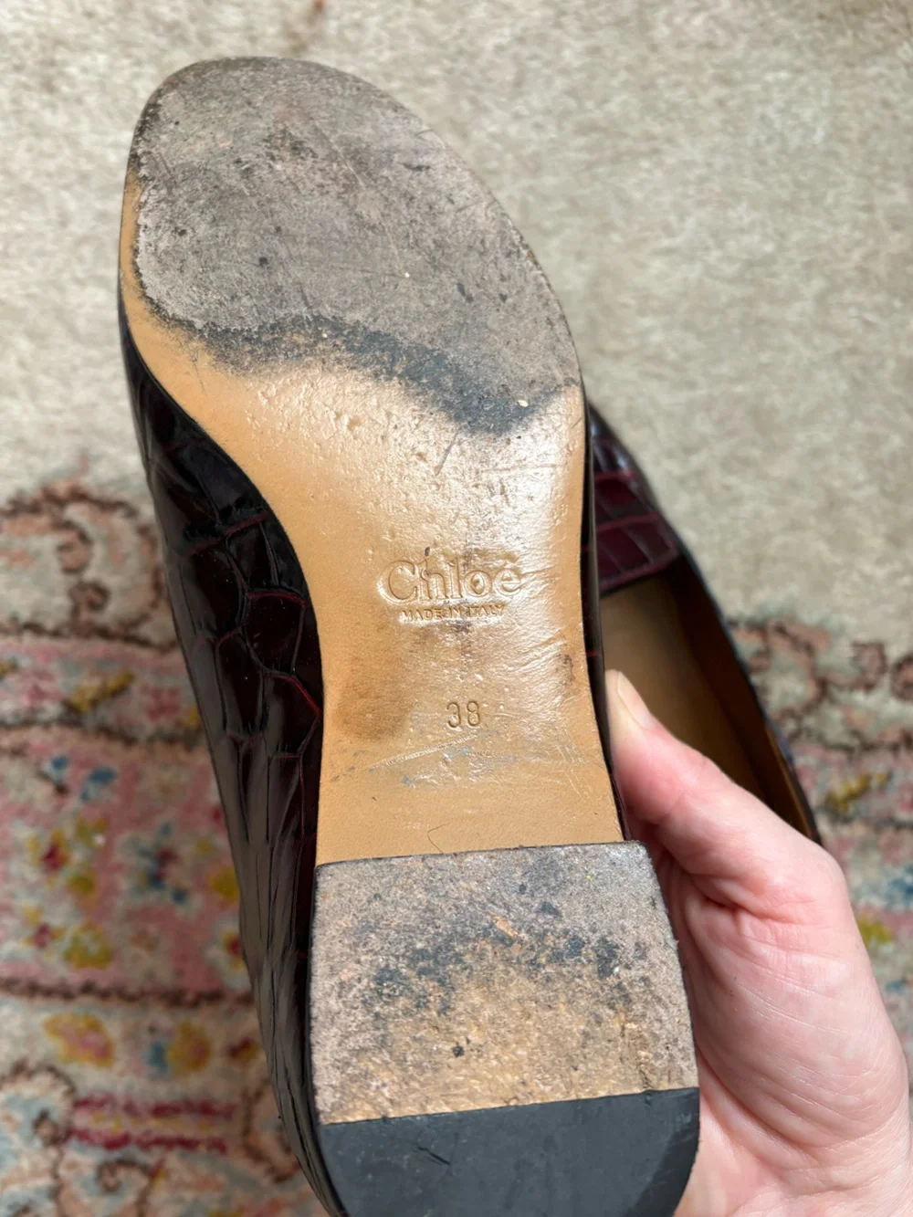 Chloe Burgundy Croc-Embossed Leather Loafers with Gold C